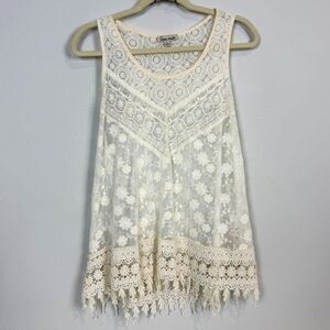 Haute Monde Cream Lace Sleeveless Sheer Top L